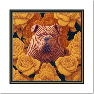 Dogs, sharpei dog and flowers, dog, style vector (Yellow version sharpei) Posters and Art